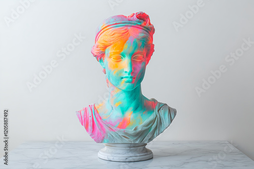 Greek marble bust illuminated with vibrant digital neon light patterns