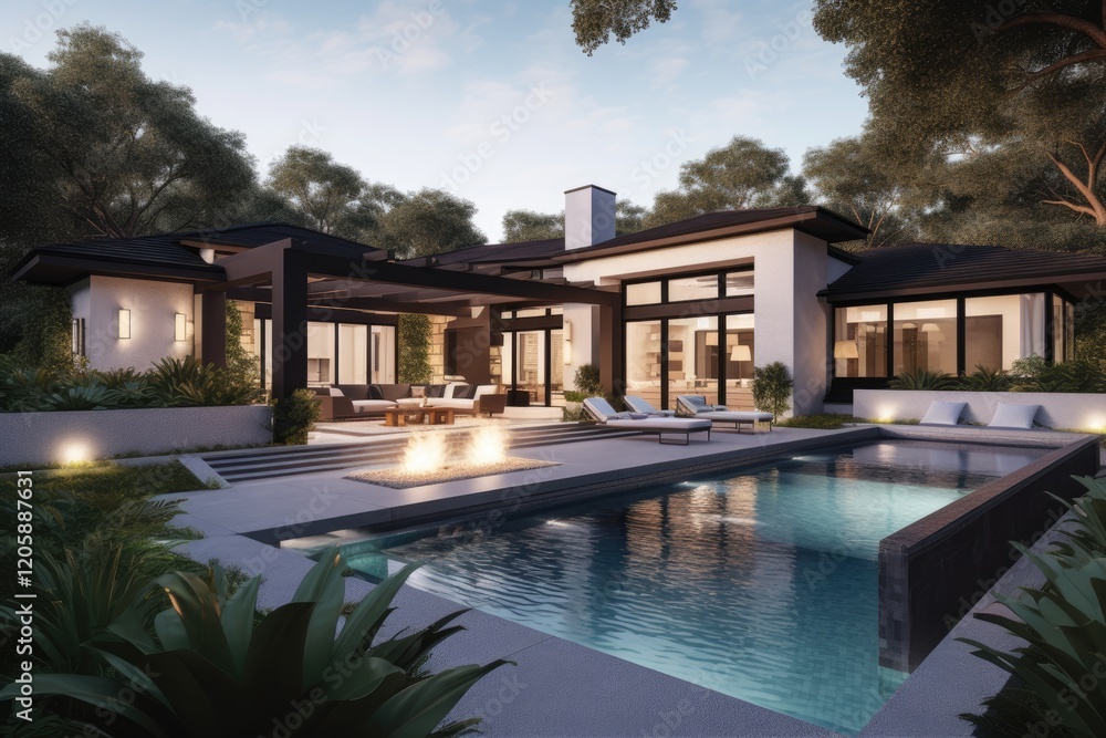 Fototapeta premium Modern House With Pool And Outdoor Living Area