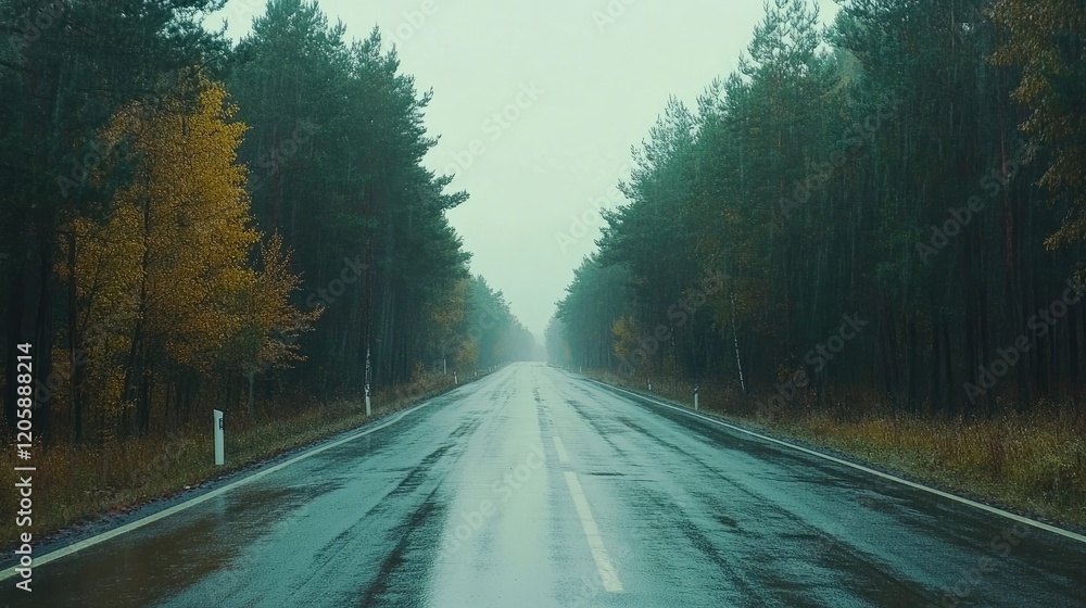 Fototapeta premium Rainy Day Road Through A Forest Of Green Trees