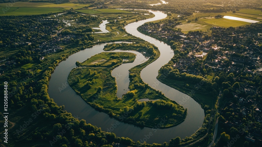 Obraz premium Aerial view of a meandering river flowing through a lush green landscape, encompassing a quaint village.