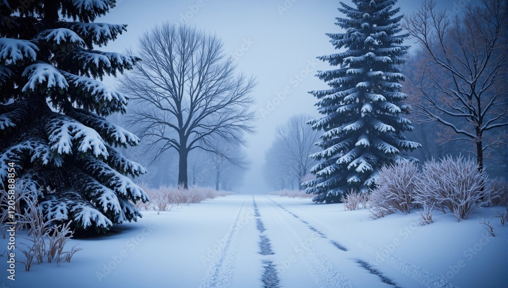 Snowy road leading into misty winter wonderland with pine trees Snowy road leading into misty winter wonderland with pine trees