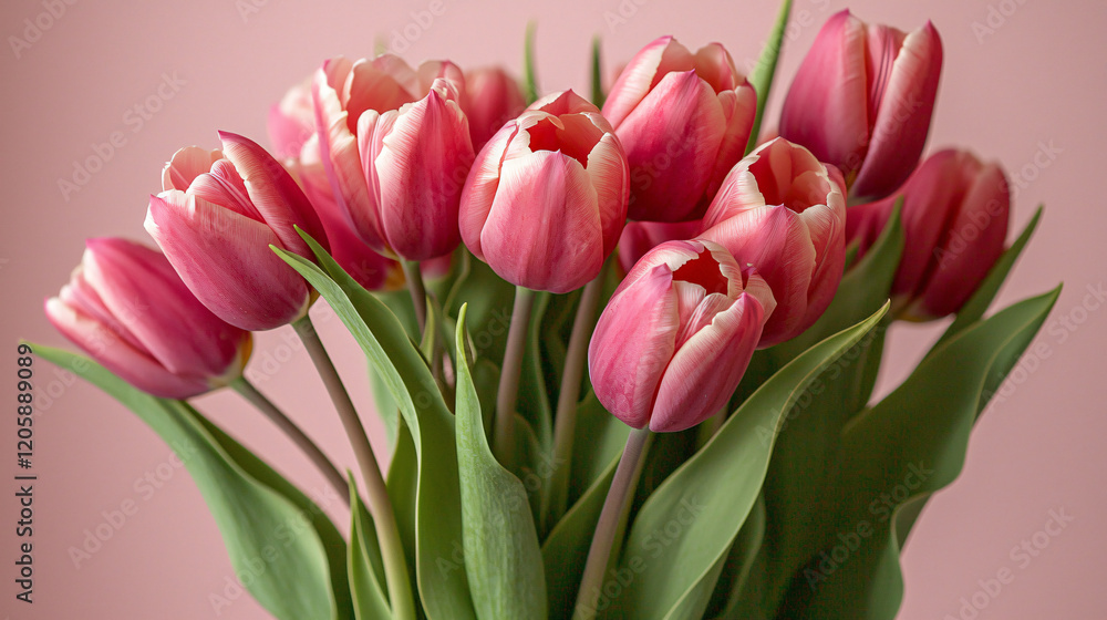 Vibrant pink tulips in a bouquet, elegantly displayed on a pale pink background, perfect for spring celebrations. Vibrant pink tulips in a bouquet, elegantly displayed on a pale pink background, perfect for spring celebrations.