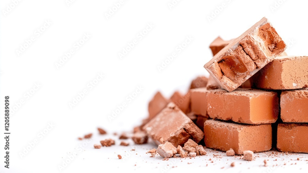 Brown terracotta bricks stacked and broken against white backdrop Brown terracotta bricks stacked and broken against white backdrop