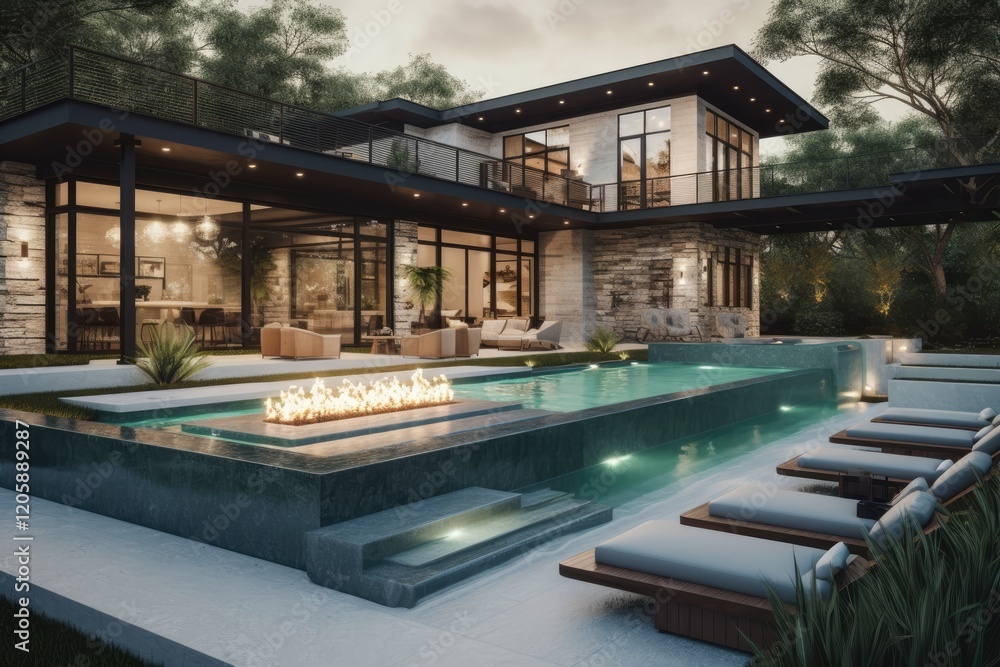 Fototapeta premium Modern Home With Infinity Pool And Fire Pit