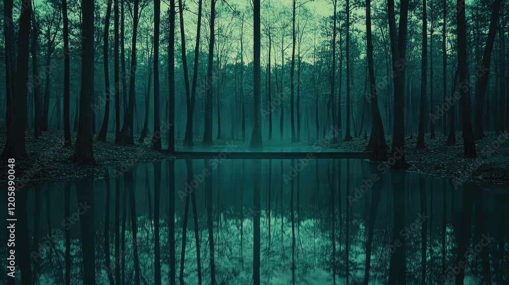 Obraz premium Serene forest reflecting in a still pond at dusk