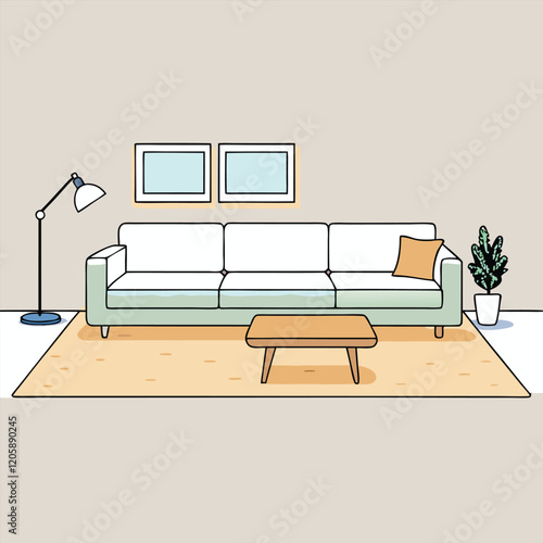 Airy Scandinavian living room with a low-profile sectional sofa, a wool area rug, and a minimalist wooden coffee table for a modern, cozy aesthetic