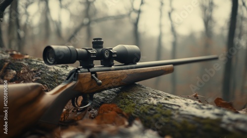 A rifle with a scope rests on a log in a forest, suggesting hunting or outdoor activities. photo