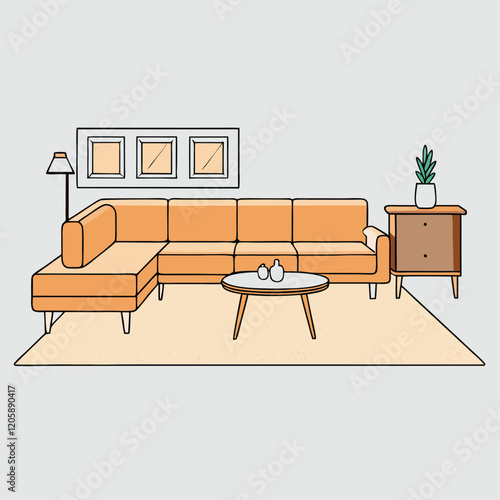 Airy Scandinavian living room with a low-profile sectional sofa, a wool area rug, and a minimalist wooden coffee table for a modern, cozy aesthetic