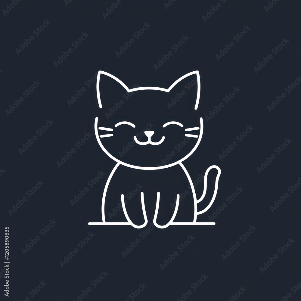 Fototapeta premium Happy cat illustration, simple line art, dark background, pet website design