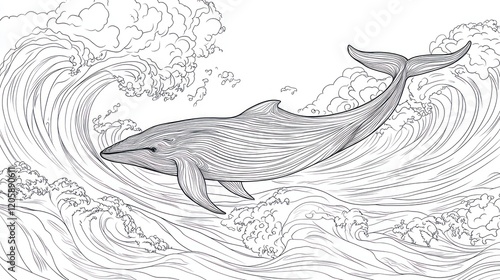 A printable design of a majestic whale swimming through the ocean, with detailed wave patterns and smooth flowing lines, perfect for coloring relaxation