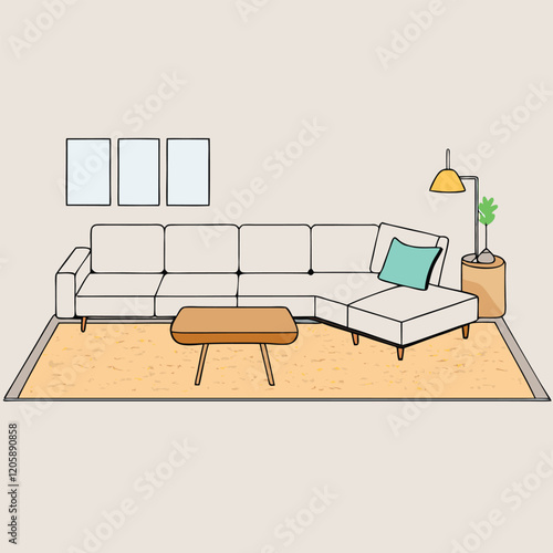 Airy Scandinavian living room with a low-profile sectional sofa, a wool area rug, and a minimalist wooden coffee table for a modern, cozy aesthetic