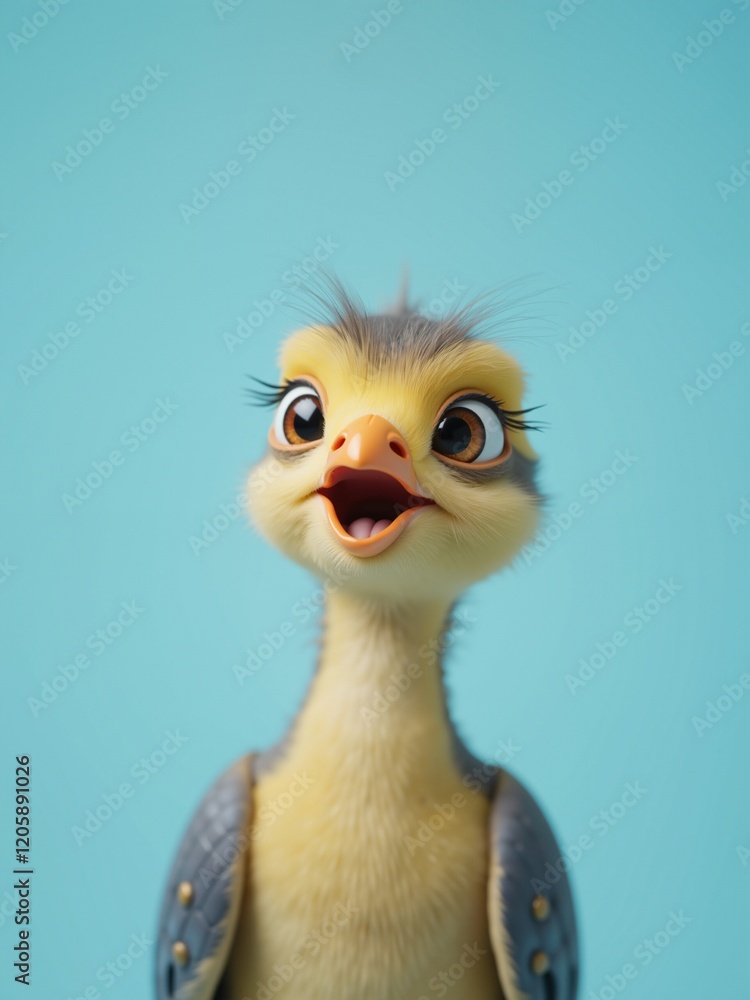 Fototapeta premium Cute cartoon bird character looking up with open mouth on blue background