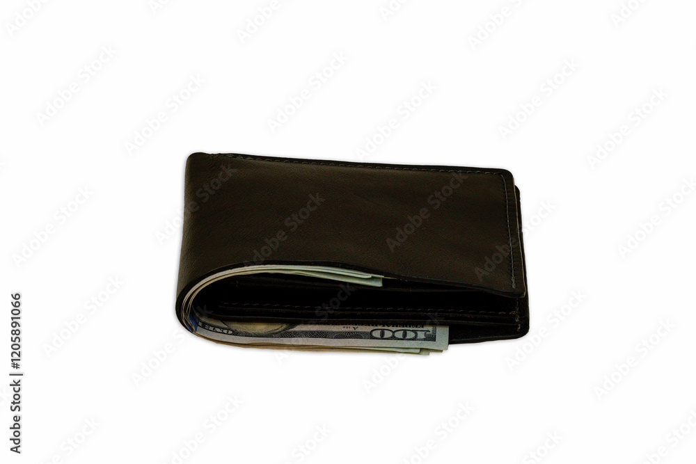 Black wallet with cash placed on a clean surface in well-lit room Black wallet with cash placed on a clean surface in well-lit room
