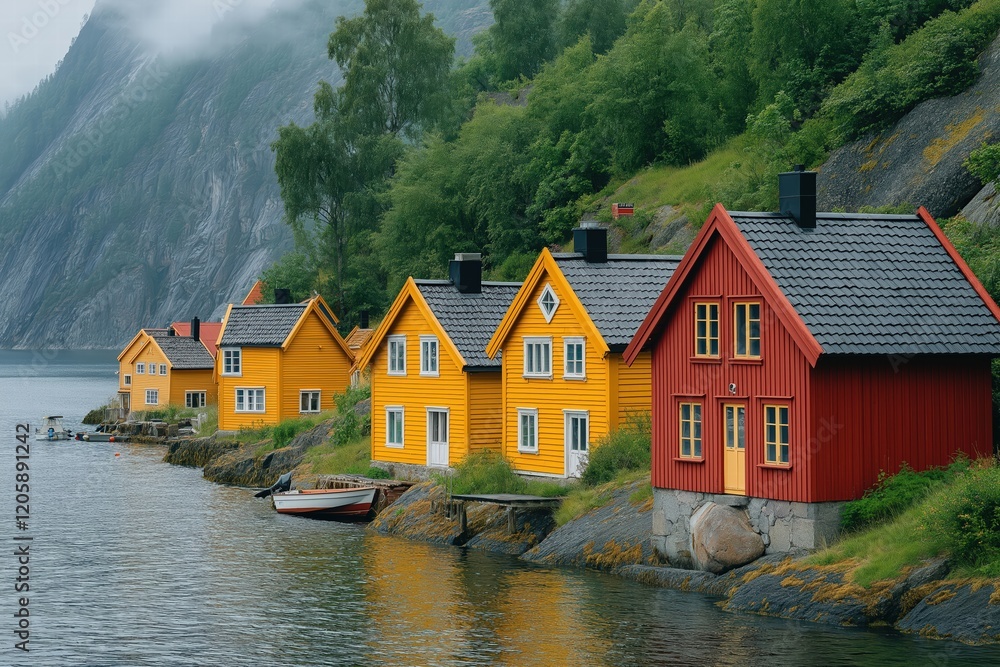 Fototapeta premium Colorful wooden houses lining a serene fjord under misty mountains in northern landscapes