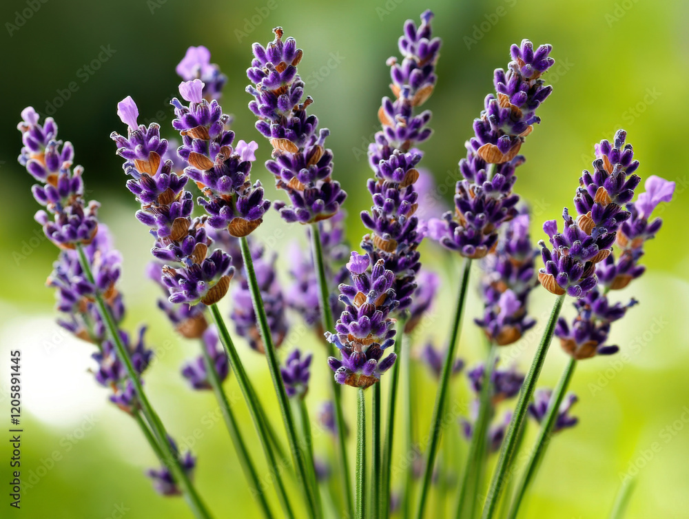 Fototapeta premium Lavender blooms in sharp focus with gentle spring sunlight and greenery