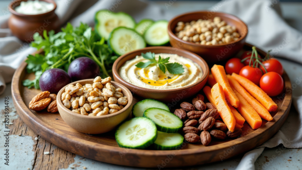 Health-conscious snack platter with hummus, veggies, nuts, and seeds on wooden board. Health-conscious snack platter with hummus, veggies, nuts, and seeds on wooden board.