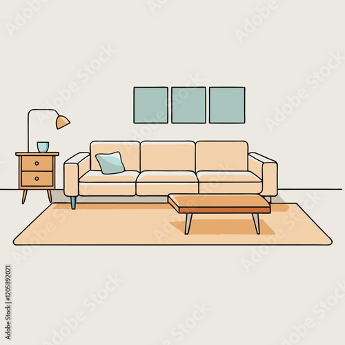 Airy Scandinavian living room with a low-profile sectional sofa, a wool area rug, and a minimalist wooden coffee table for a modern, cozy aesthetic