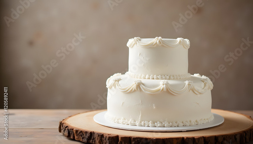 Classic white wedding cake with two tiers featuring lace icing details on a simple wooden surface