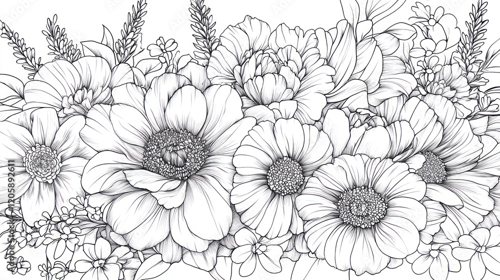 custom made wallpaper toronto digitalPrintable floral line art design, featuring elegant large blooming flowers and delicate leaf details