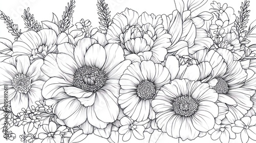 Wallpaper Mural Printable floral line art design, featuring elegant large blooming flowers and delicate leaf details Torontodigital.ca