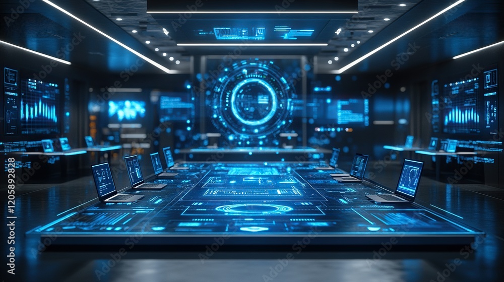 Futuristic control room with holographic interface, data analysis displayed on screens