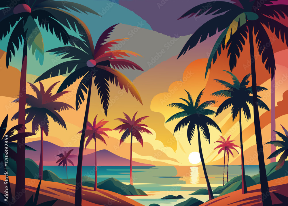 Colorful Palm Silhouettes Background: Vibrant Tropical Designs Colorful Palm Silhouettes Background: Vibrant Tropical Designs
