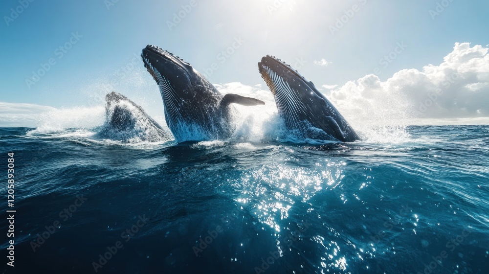 Fototapeta premium Two humpback whales breach simultaneously, a breathtaking sight