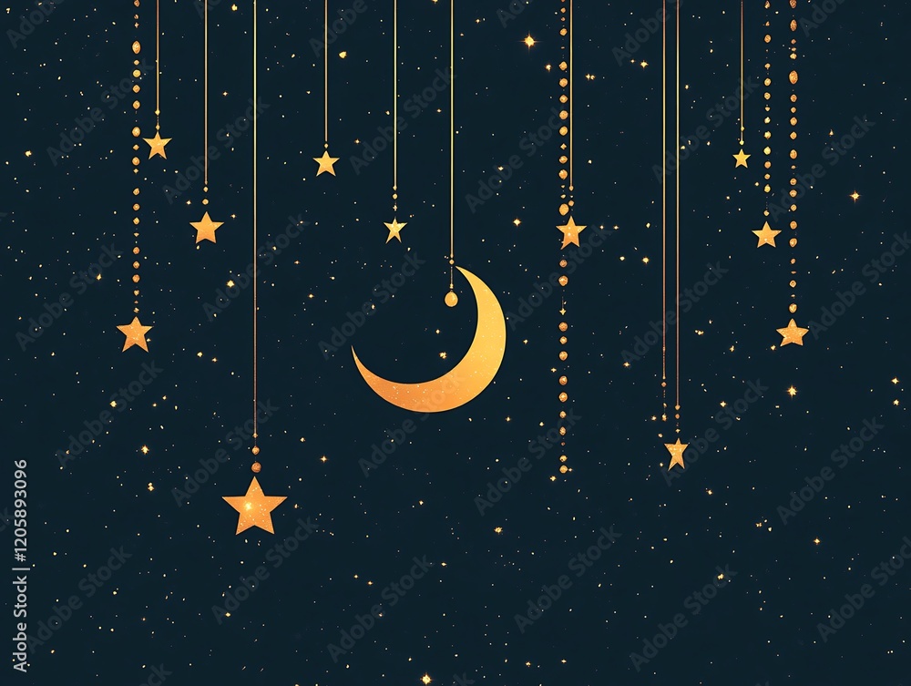 Naklejka premium Golden Stars and Crescent Moon Hanging Decor