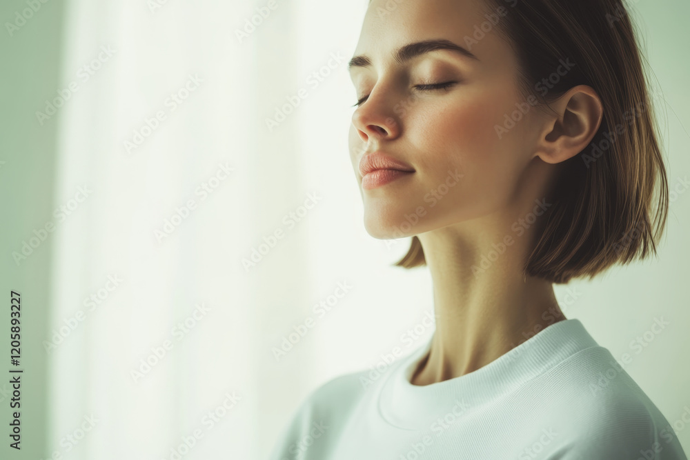 Peaceful woman practicing mindfulness in a bright, serene room during the day Peaceful woman practicing mindfulness in a bright, serene room during the day