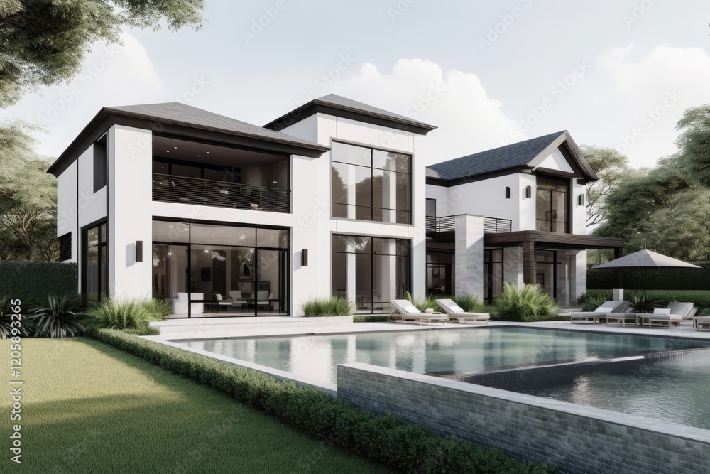 Modern White House with Pool and Lush Landscaping Modern White House with Pool and Lush Landscaping