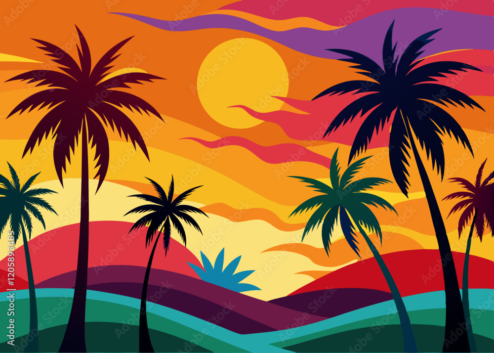 Colorful Palm Silhouettes Background: Vibrant Tropical Designs Colorful Palm Silhouettes Background: Vibrant Tropical Designs