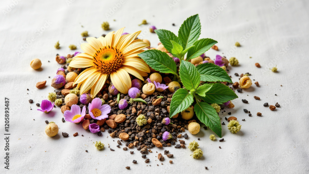 Fototapeta premium A vibrant assortment of herbs, flowers, fruits, and nuts, symbolizing nature's bounty and health benefits.