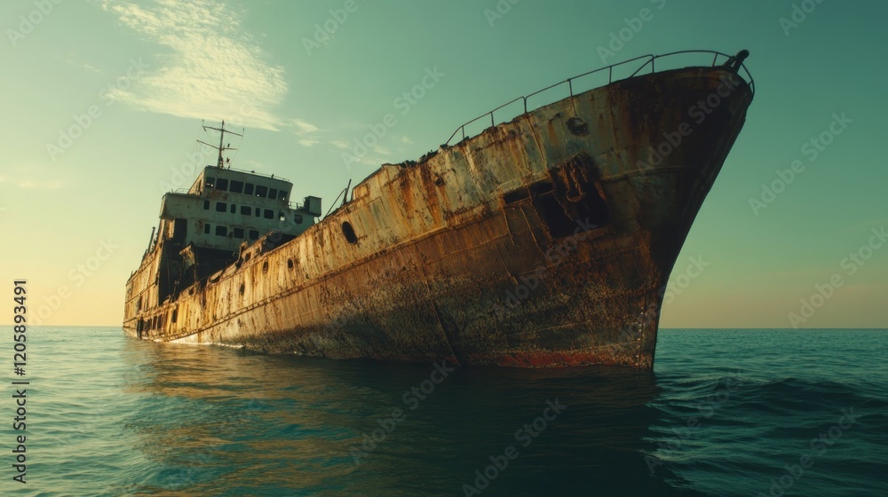 A rusted shipwreck partially submerged in calm waters at sunset. A rusted shipwreck partially submerged in calm waters at sunset.