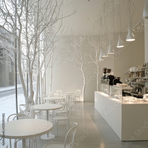 Modern white cafe with winter trees, interior design photo