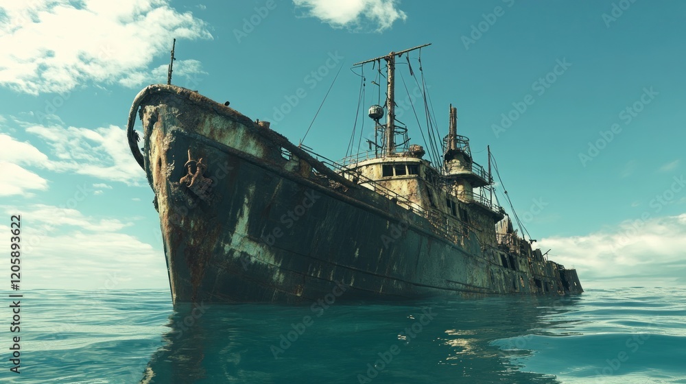 A rusted shipwreck partially submerged in calm waters under a clear sky. A rusted shipwreck partially submerged in calm waters under a clear sky.