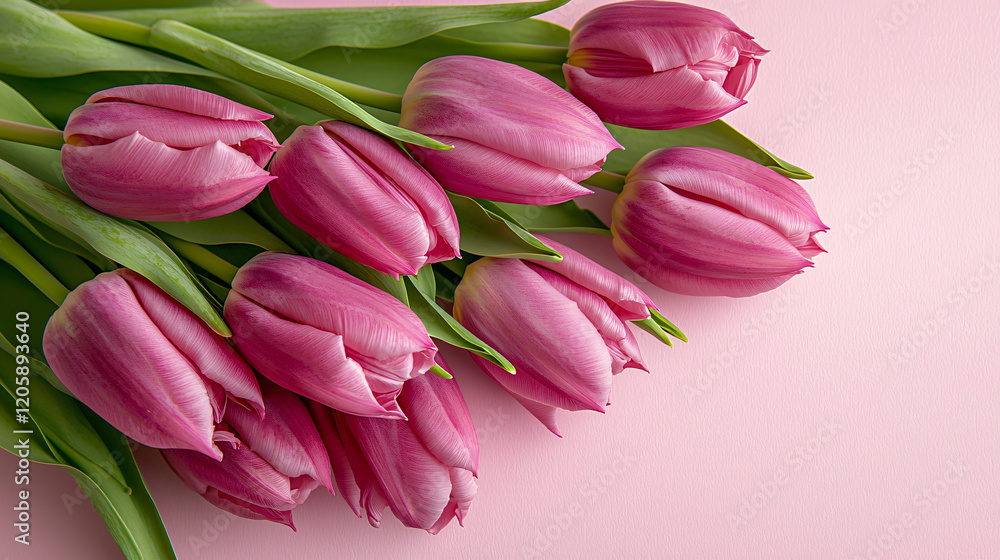 A flat lay composition of pink tulips on a pastel pink background, emphasizing simplicity and seasonal charm. A flat lay composition of pink tulips on a pastel pink background, emphasizing simplicity and seasonal charm.