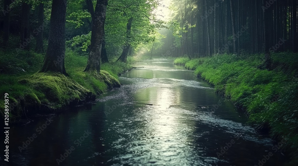 Obraz premium Serene forest stream flows through lush green trees
