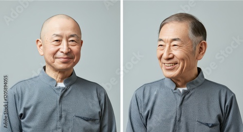 Elderly asian males in professional attire expressing joy and confidence