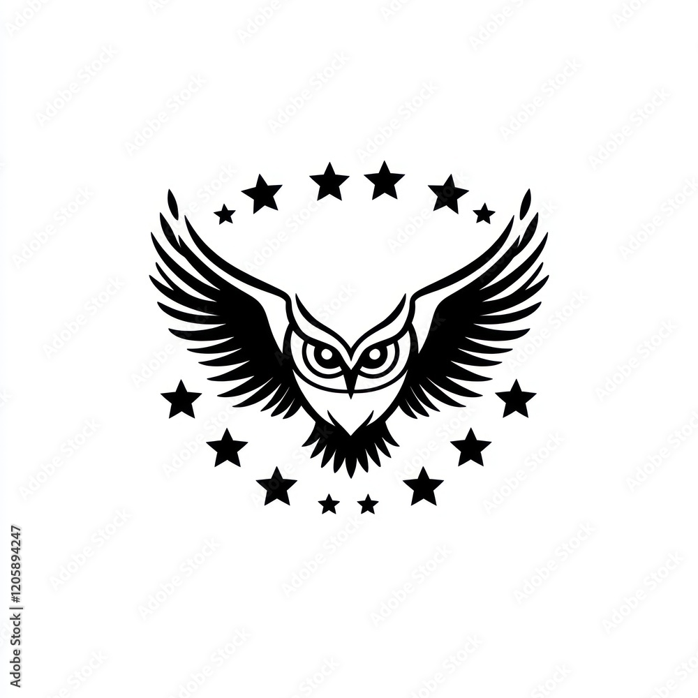 Obraz premium Majestic owl, wings spread, stars surround, night sky, logo design
