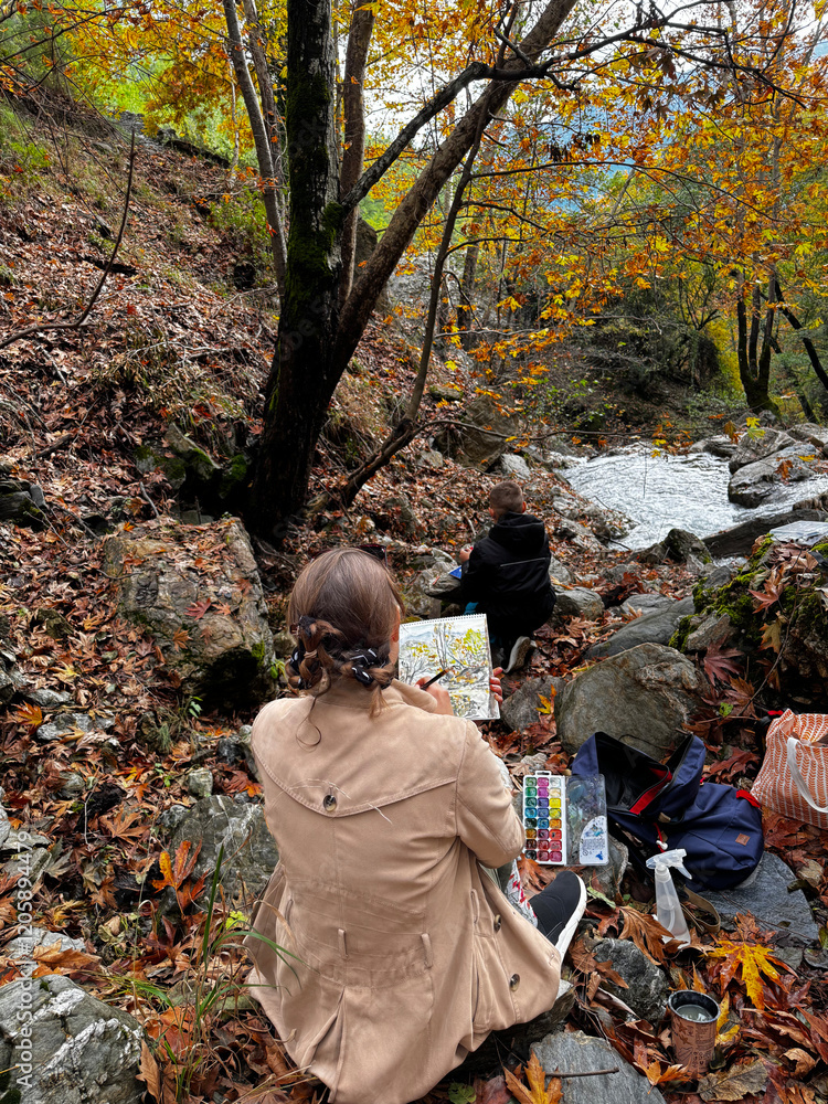 artist outdoors landscape autumn trees. High quality photo artist outdoors landscape autumn trees. High quality photo