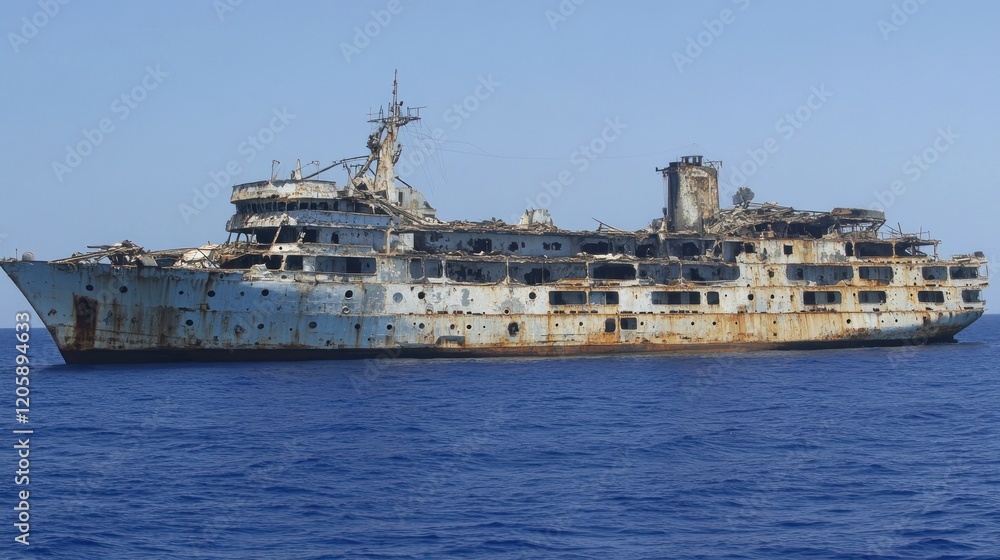 A rusted, abandoned ship adrift in the ocean, showcasing decay and neglect. A rusted, abandoned ship adrift in the ocean, showcasing decay and neglect.