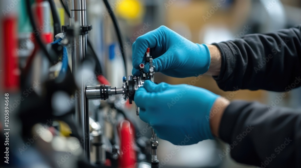 Fototapeta premium Close up of a factory worker's hands meticulously assembling a small component, highlighting the precision and care involved in the manufacturing process within a modern industrial setting