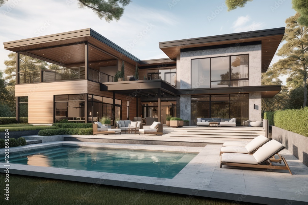Fototapeta premium Modern House with Pool and Expansive Outdoor Living Area