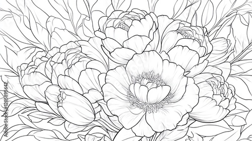 Wallpaper Mural Detailed floral bouquet with peonies and tulips in a black and white line art style perfect for coloring books Torontodigital.ca