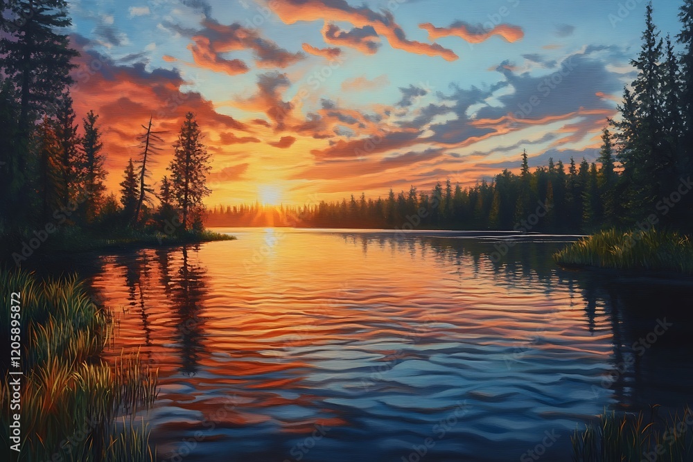 Fototapeta premium Serene sunset over a tranquil lake surrounded by trees.