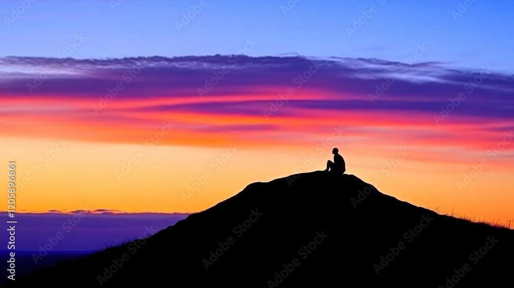 A silhouette of a person sitting on a hilltop during a vibrant sunset. A silhouette of a person sitting on a hilltop during a vibrant sunset.