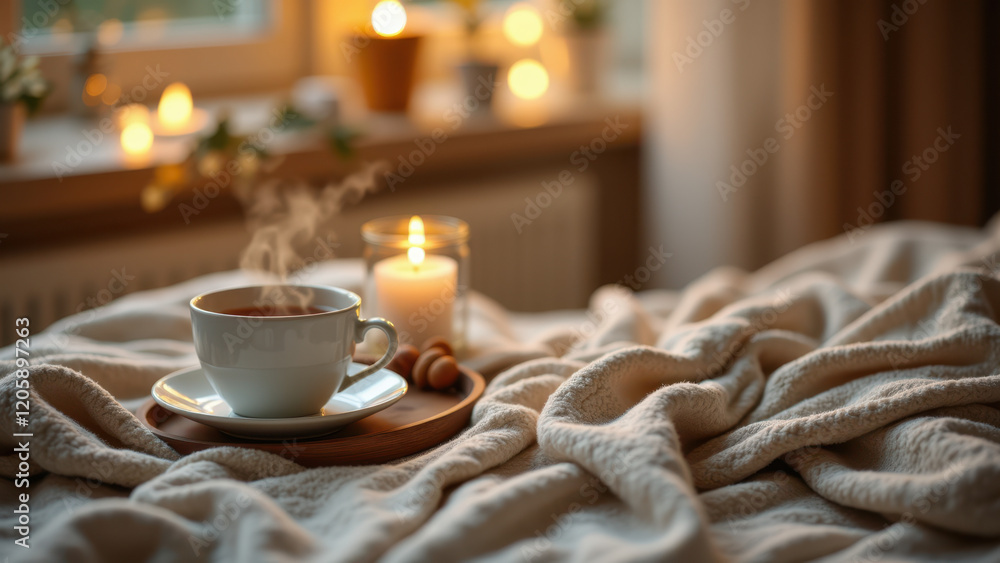 A cozy indoor setting with a focus on wellness and relaxation, featuring warm lighting from candles, soft bedding, and a cup of herbal tea. A cozy indoor setting with a focus on wellness and relaxation, featuring warm lighting from candles, soft bedding, and a cup of herbal tea.