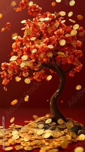 Money Tree with Gold Coins, Symbol of Wealth and Prosperity  .