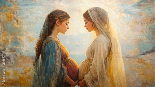 A serene illustration of Mary and Elizabeth in traditional attire, sharing a miraculous moment during their pregnancies, radiating warmth and spirituality. Perfect for religious storytelling.