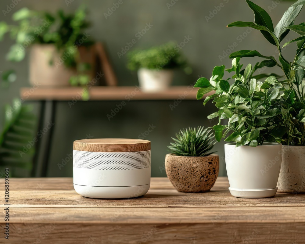 Ecofriendly tech gadgets on a wooden desk surrounded by plants, green technology, sustainable lifestyle Ecofriendly tech gadgets on a wooden desk surrounded by plants, green technology, sustainable lifestyle